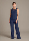 3-Piece Beaded Illusion Neck Chiffon Mother of the Bride Pant Suit with Jacket