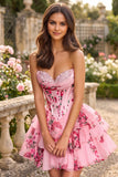 Strapless Sweetheart Floral Corset Homecoming Dress with Tiered Ruffle Dress