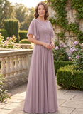 Bateau Neck Flutter Sleeve Floral Embroidered Chiffon A-Line Mother of the Bride Dress