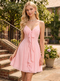 Spaghetti Strap V-Neck Bow Tie Front Ruffle Cascade Chiffon A-Line Mini Dress