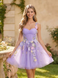 Sweetheart 3D Floral Applique Ruched Corset Bodice A-Line Tulle Mini Dress