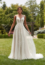 Elegant A-line Illusion Lace Wedding Gown with Beaded Botanical Embroidered Appliqués