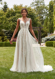 Elegant A-line Illusion Lace Wedding Gown with Beaded Botanical Embroidered Appliqués