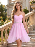 Spaghetti Strap Sweetheart Ruched Beaded Waist High-Low Chiffon A-Line Mini Dress