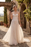 Spaghetti Strap Sweetheart 3D Floral & Vine Applique Tulle Wedding Dress with Train