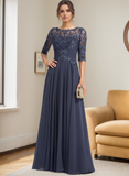 A-line Scoop Illusion Floor-Length Lace Chiffon Mother of the Bride Dress With Pleated Sequins