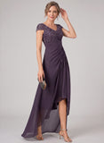 V-Neck Cap Sleeve Sequin Lace Applique Ruched Hi-Low Chiffon Mother of the Bride Dress
