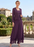 3-Piece Square Neck Beaded Floral Camisole Top, Long Sleeve Chiffon Jacket & Tiered Wide-Leg Pants Mother of the Bride Pantsuit