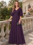 V-Neck Flutter Sleeve Sequin Floral Applique Empire Waist A-Line Chiffon Mother of the Bride Dress