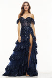 Tulle sequin fitted mermaid gown with high slit