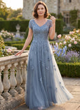 V-Neck Cap Sleeve Allover Rose Lace Applique Tulle A-Line Mother of the Bride Dress