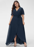 A-line V-Neck Asymmetrical Chiffon Bridesmaid Dress With Bow Pleated