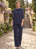 2-Piece Bow Collar 3/4 Sleeve Asymmetric Hem Chiffon Mother of the Bride Pantsuit
