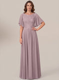 Bateau Neck Flutter Sleeve Floral Embroidered Chiffon A-Line Mother of the Bride Dress