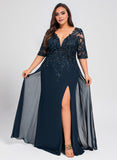 Plus Size Sheath/Column V-Neck Floor-Length Lace Chiffon Mother of the Bride Dress With Sequins