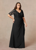 Plus Size A-Line V-Neck Lace Chiffon Mother of the Bride Dress