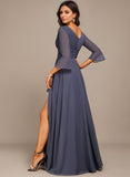 A-line V-Neck Floor-Length Chiffon Mother of the Bride Dress With Cascading Ruffles