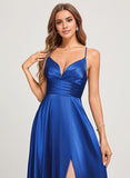 A-line V-Neck Floor-Length Stretch Satin Prom Dresses With Pleated