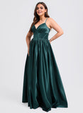 Plus Size Ball-Gown/Princess V-Neck Floor-Length Satin Prom Dresses With Pleated