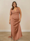 Plus Size Maxi Plunging Stretch Satin Mermaid Prom Dress