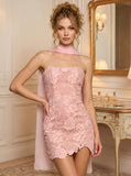 Strapless Floral Lace Bodycon Scallop Hem Mini Dress with Chiffon Neck Scarf