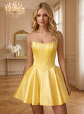 Strapless Pearl Trim Boned Corset Satin A-Line Homecoming Dress