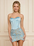 Strapless Sweetheart Satin Corset Lace-Up Back Floral Lace Bodycon Mini Dress