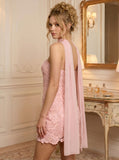 Strapless Floral Lace Bodycon Scallop Hem Mini Dress with Chiffon Neck Scarf