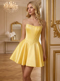 Strapless Pearl Trim Boned Corset Satin A-Line Homecoming Dress
