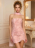 Strapless Floral Lace Bodycon Scallop Hem Mini Dress with Chiffon Neck Scarf