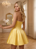 Strapless Pearl Trim Boned Corset Satin A-Line Homecoming Dress