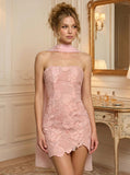 Strapless Floral Lace Bodycon Scallop Hem Mini Dress with Chiffon Neck Scarf
