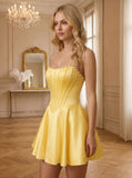 Strapless Pearl Trim Boned Corset Satin A-Line Homecoming Dress