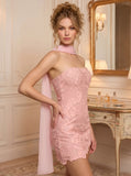 Strapless Floral Lace Bodycon Scallop Hem Mini Dress with Chiffon Neck Scarf