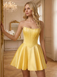 Strapless Pearl Trim Boned Corset Satin A-Line Homecoming Dress