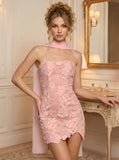 Strapless Floral Lace Bodycon Scallop Hem Mini Dress with Chiffon Neck Scarf