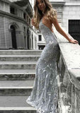 Mermaid V Neck Sleeveless Sweep Train Tulle Evening Dress With Beading Appliqued