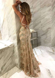 Mermaid V Neck Sleeveless Sweep Train Tulle Evening Dress With Beading Appliqued