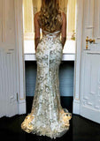 Mermaid V Neck Sleeveless Sweep Train Tulle Evening Dress With Beading Appliqued