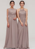 A-line/Princess Halter Sleeveless Long/Floor-Length Chiffon Bridesmaid Dresses With Pleated