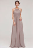 A-line/Princess Halter Sleeveless Long/Floor-Length Chiffon Bridesmaid Dresses With Pleated