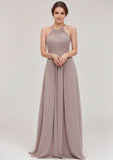 A-line/Princess Halter Sleeveless Long/Floor-Length Chiffon Bridesmaid Dresses With Pleated