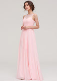 A-line/Princess Bateau Sleeveless Long/Floor-Length Chiffon Bridesmaid Dress With Pleated Lace