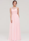 A-line/Princess Bateau Sleeveless Long/Floor-Length Chiffon Bridesmaid Dress With Pleated Lace