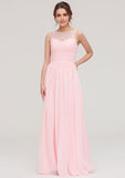 A-line/Princess Bateau Sleeveless Long/Floor-Length Chiffon Bridesmaid Dress With Pleated Lace