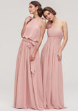 A-Line Chiffon Flower One-Shoulder Sleeveless Floor-Length Bridesmaid Dresses