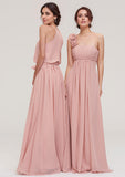 A-Line Chiffon Flower One-Shoulder Sleeveless Floor-Length Bridesmaid Dresses