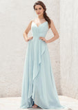 A-line V-Neck Sleeveless Asymmetrical Chiffon Bridesmaid Dress With Cascading Ruffles Pleated