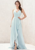 A-line V-Neck Sleeveless Asymmetrical Chiffon Bridesmaid Dress With Cascading Ruffles Pleated