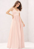 A-line V Neck Sleeveless Long/Floor-Length Satin Bridesmaid Dress With Pleated Pockets